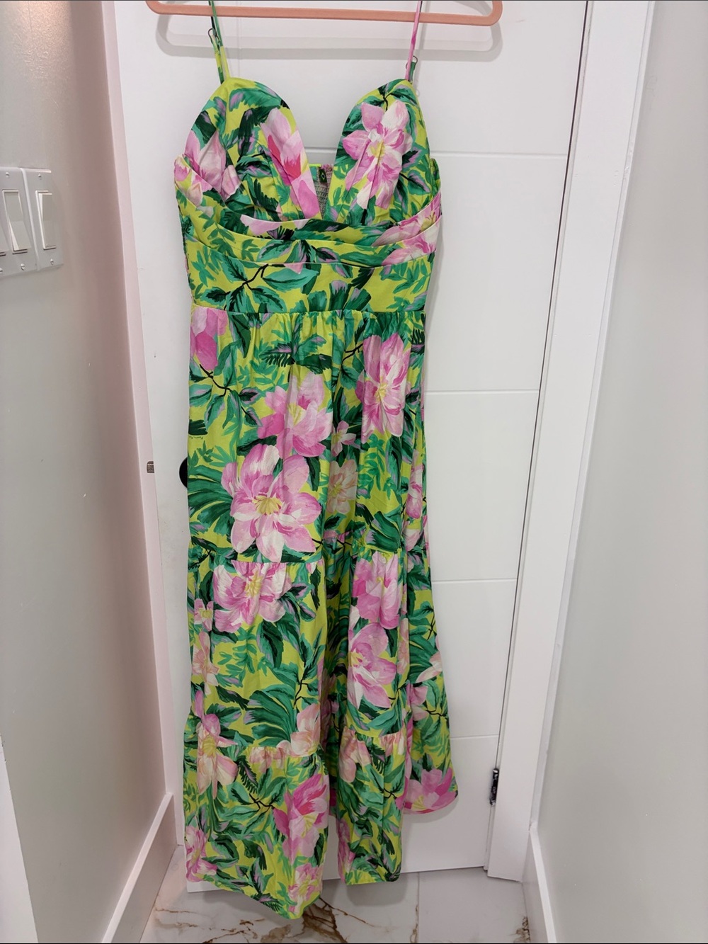 FARM Rio Green Floral Maxi Dress with Pink Blooms